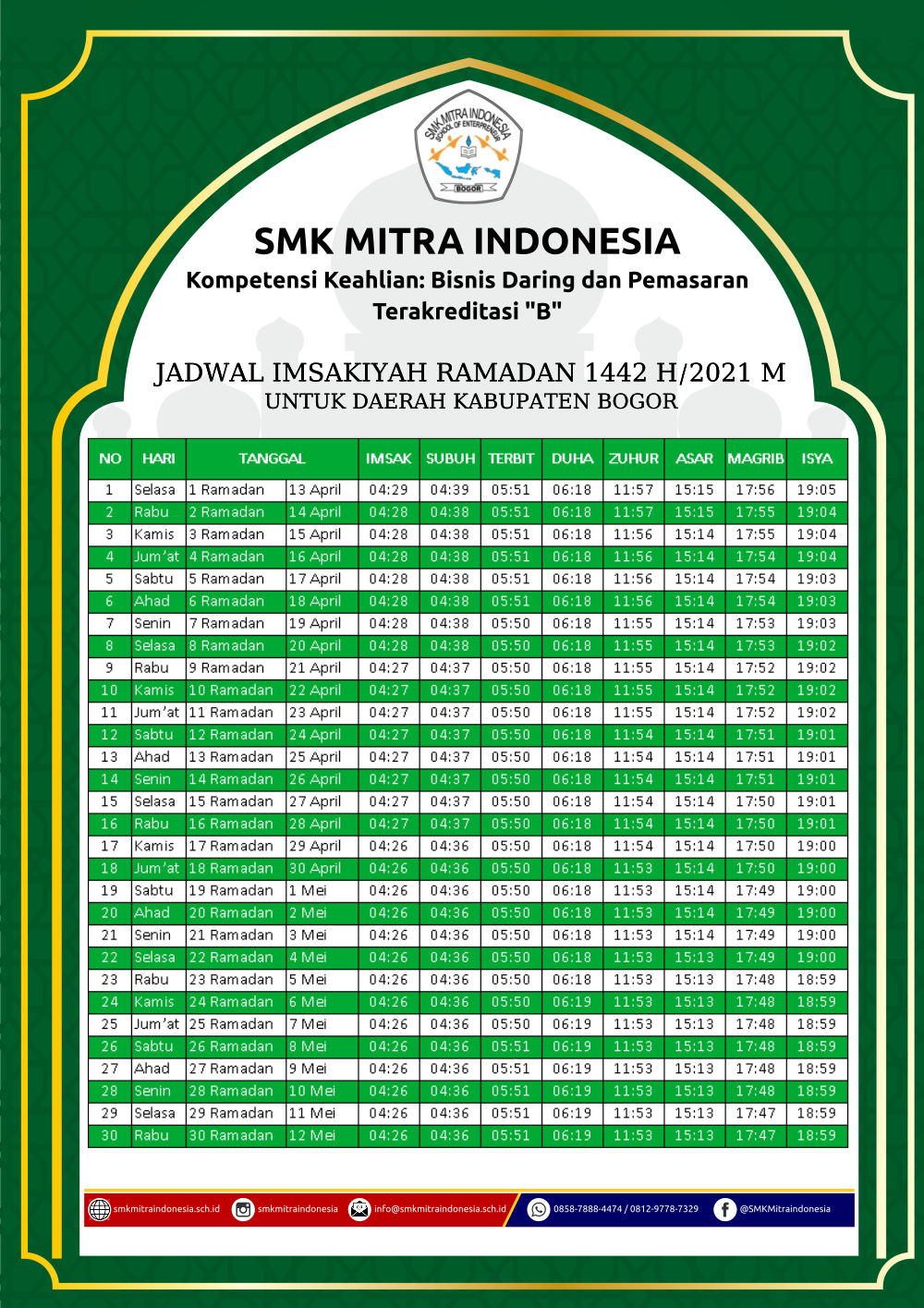Jadwal Imsakiyah Ramadan 1442 H – Website Resmi SMK Mitra Indonesia